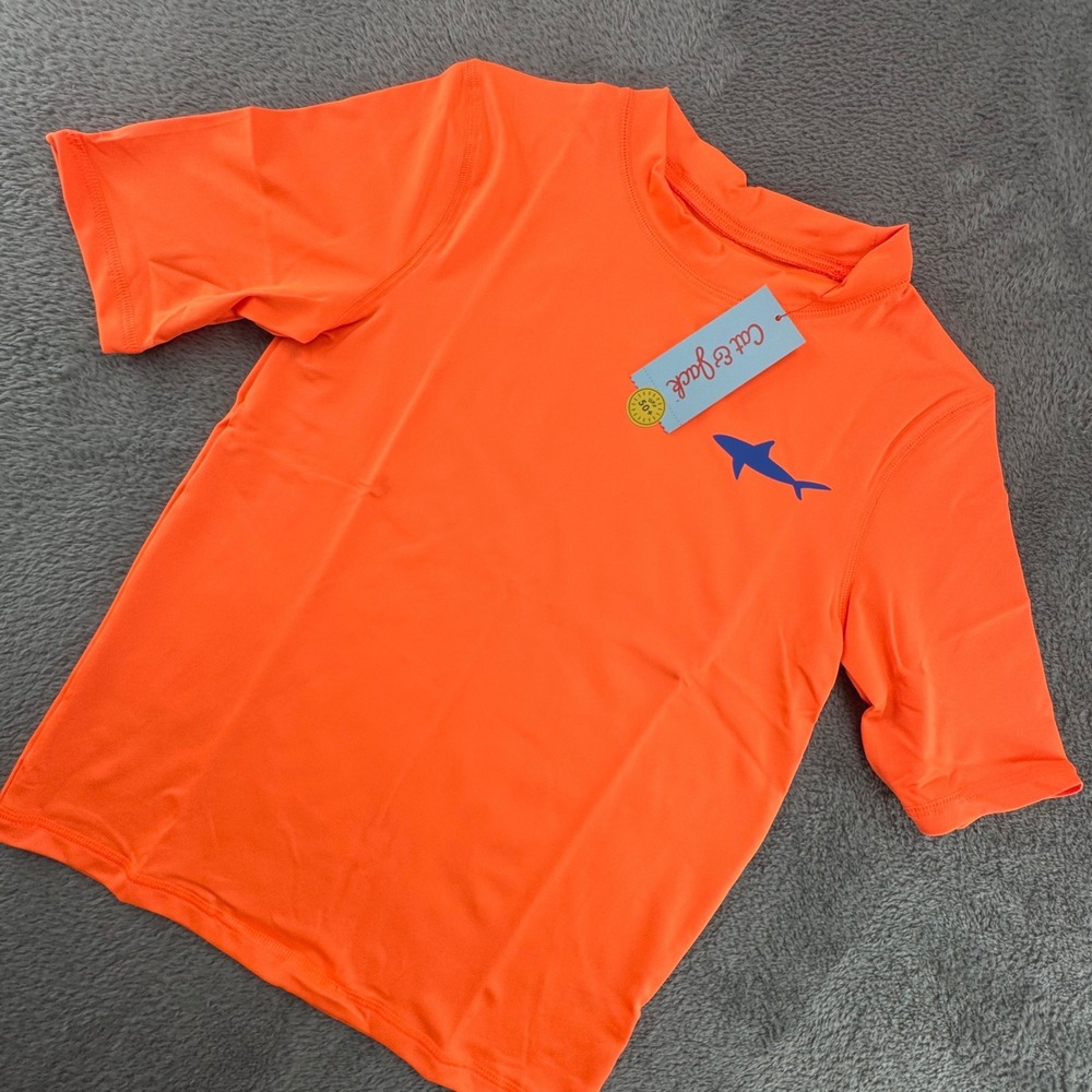 Cat & Jack Rash Guard Kids M 8/10 Husky Orange NWT Shark Swim Shirt UPF 50+‎